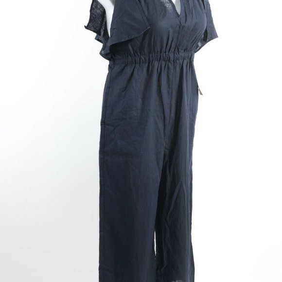 Zara Womens Rustic Jumpsuit Pants Linen Navy Blue - Picture 7 of 8